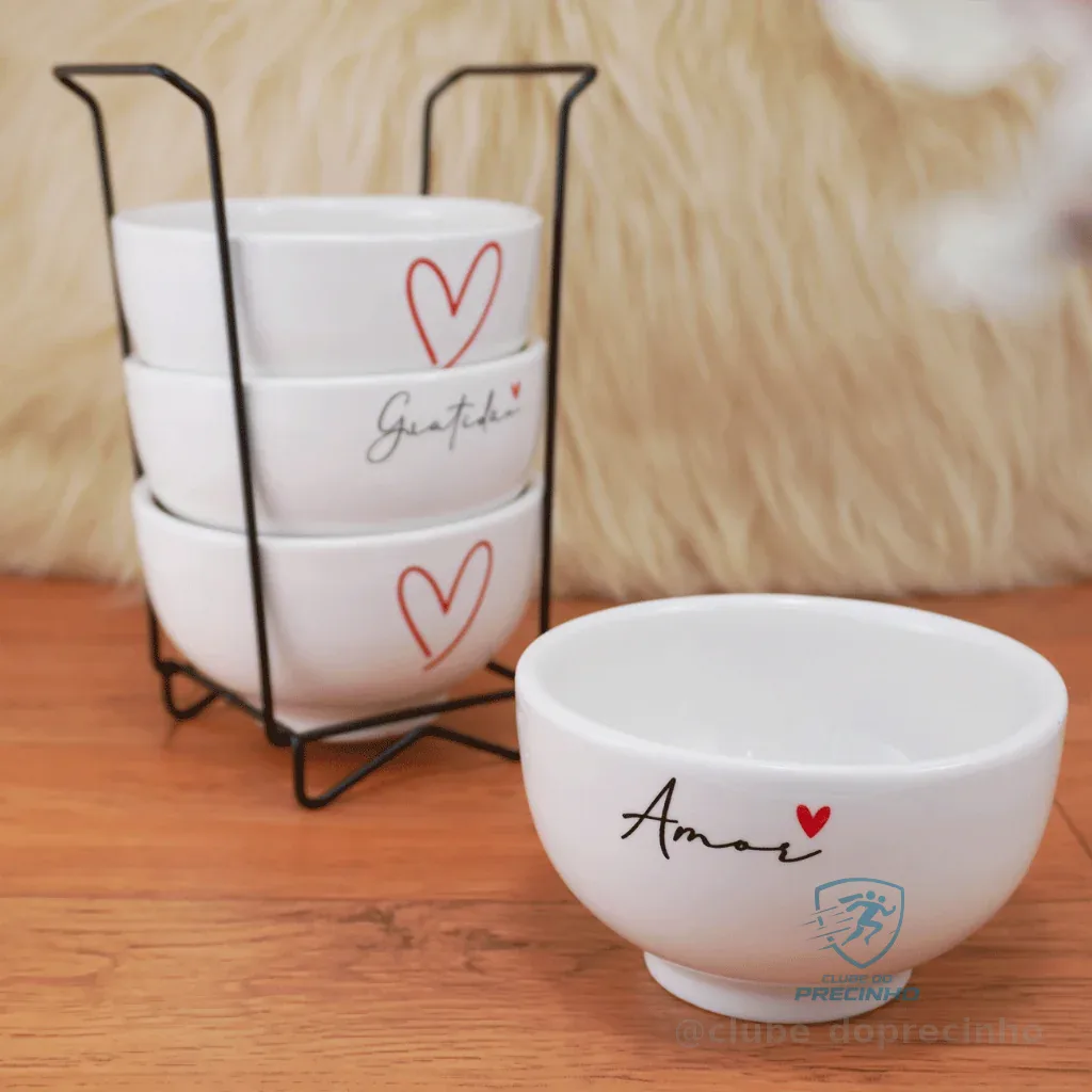 Kit Jogo 4  Bowl Tigelas Porcelana Cumbuca Sopa Açaí Decorada Amor Gratidão + Suporte Shopee