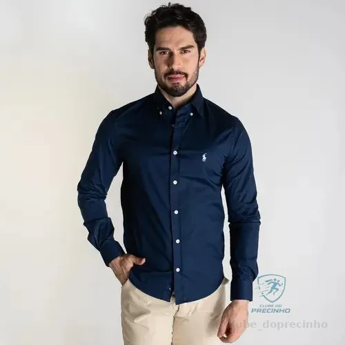 Camisa Ralph Lauren Slim Azul Marinho Manga Longa