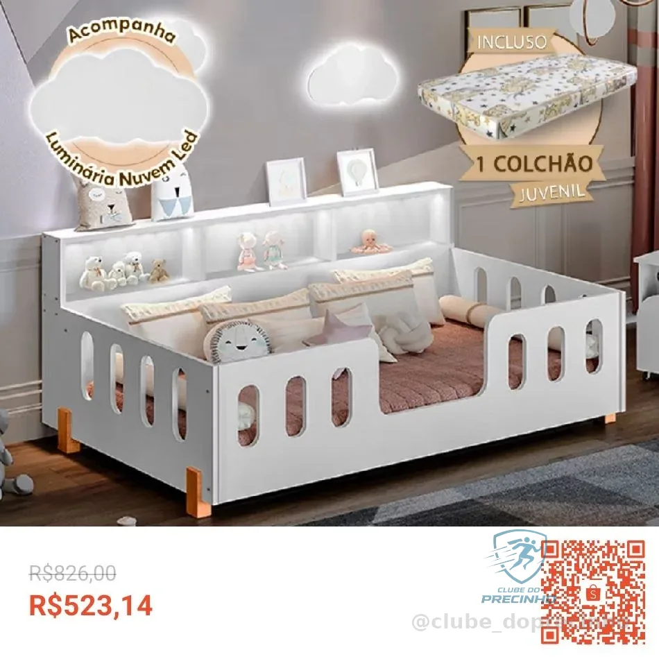 Cama Infantil Montessoriana com Colchão Juvenil Led e Nicho Nina Branca + Luminária Led