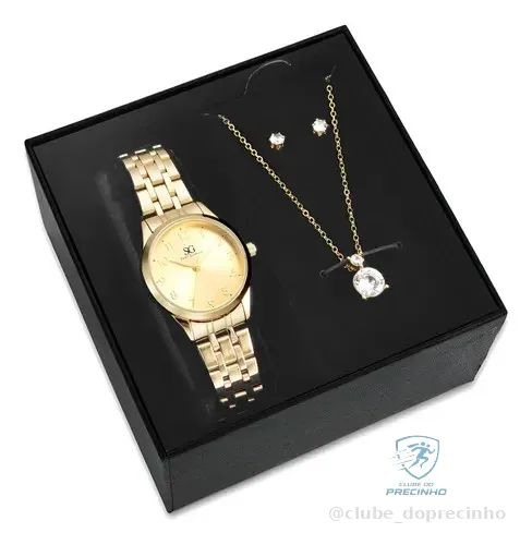 Kit Relógio, Colar e Brincos Ponto de Luz Dourado Feminino Saint Germain 28mm Mercado Livre