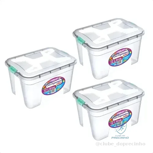 Caixa Organizadora Kit 3 Uni Transparente Tampa Trava 12lts Transparente Liso