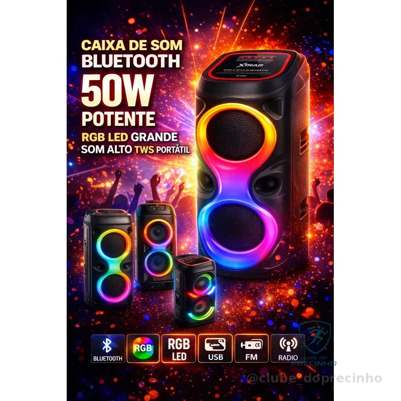 Caixa de Som Bluetooth 50W Potente RGB LED Grande Som Alto TWS Portátil USB FM Shopee