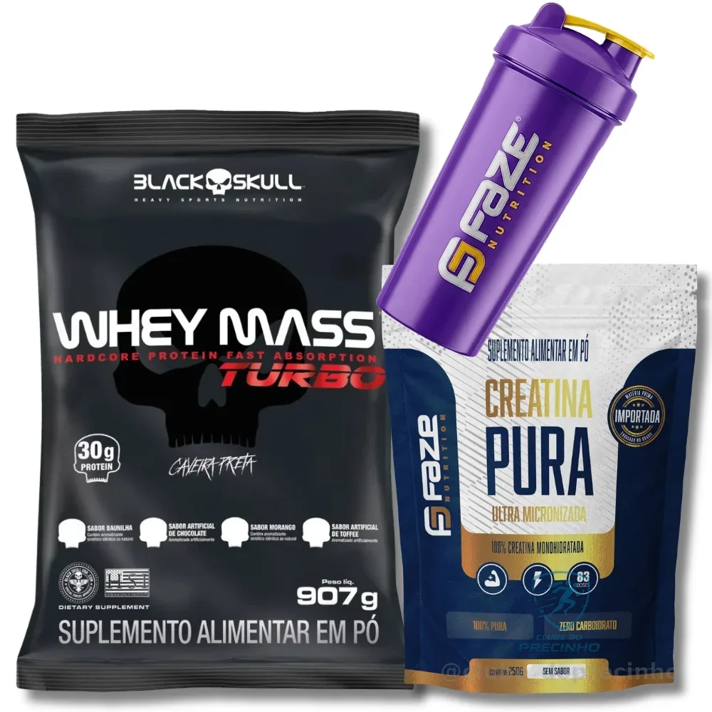 Kit Whey Black Skull Turbo 907g Refil + Creatina Pura 250g Faze Nutrition + Coqueteleira Shopee