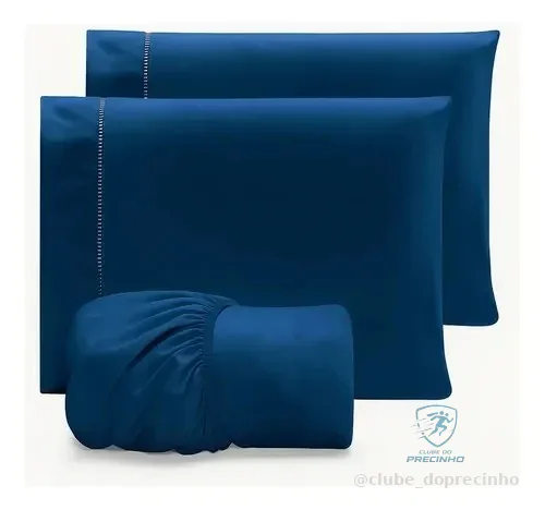 Jogo Lençol Casal 3pç 400 Fios Hipercal Conforto Macio Cor Azul-marinho Desenho Do Tecido Liso