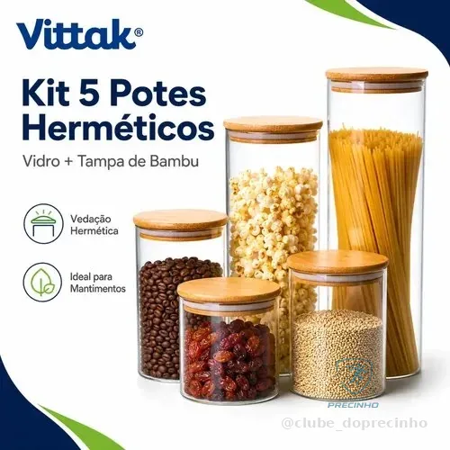 Vittak Kit 5 Potes De Vidro Herméticos Com Tampa De Bambu Organizador Para Mantimentos Grãos Café Massas E Cereais 3,8 Litros Transparente