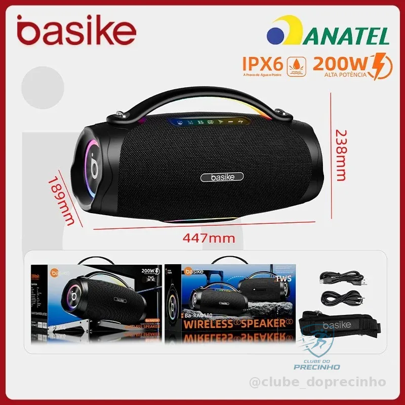 Basike alto-falante bluetooth 5.4 sem fio 200W Caixa Subwoofer Som Estéreo De Alta Fidelidade Party Ipx6，RAD180