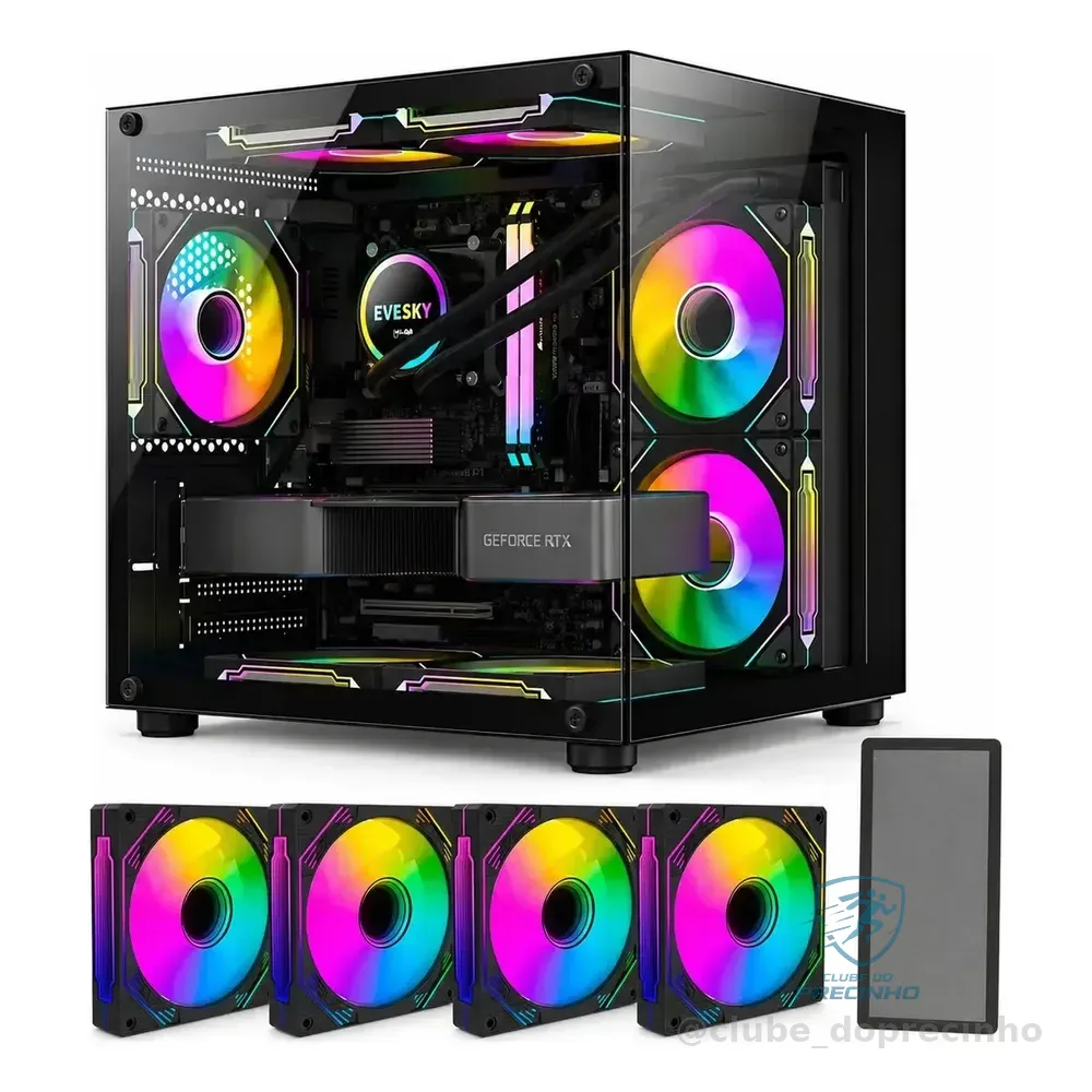 Gabinete Gamer Hayom Aquário Com 4 Cooler Fan Led Rgb Preto