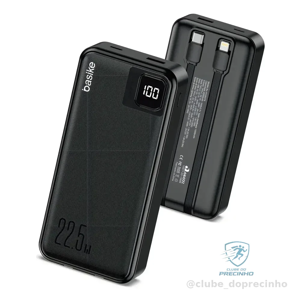 Power Bank Basike 20000mah Preto, Carga Rápida 22.5w Para iPhone E Samsung, Com Cabos Embutidos E Display
