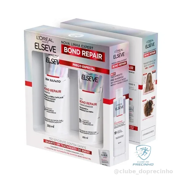 L'Oréal Paris Elseve Bond Repair Kit Reparação Molecular com Ácido Cítrico para Cabelos Danificados, Reconstrói Ligações e Devolve Força (Shampoo + Condicionador + Sachê Pré-Shampoo)