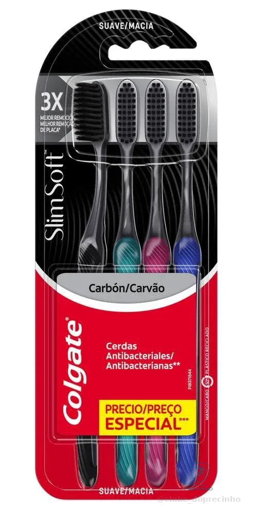 Colgate Escova de Dentes Slim Soft Premium 4 Unidades | Cerdas Finas, Limpeza Profunda, Infusão de Carvão Ativado