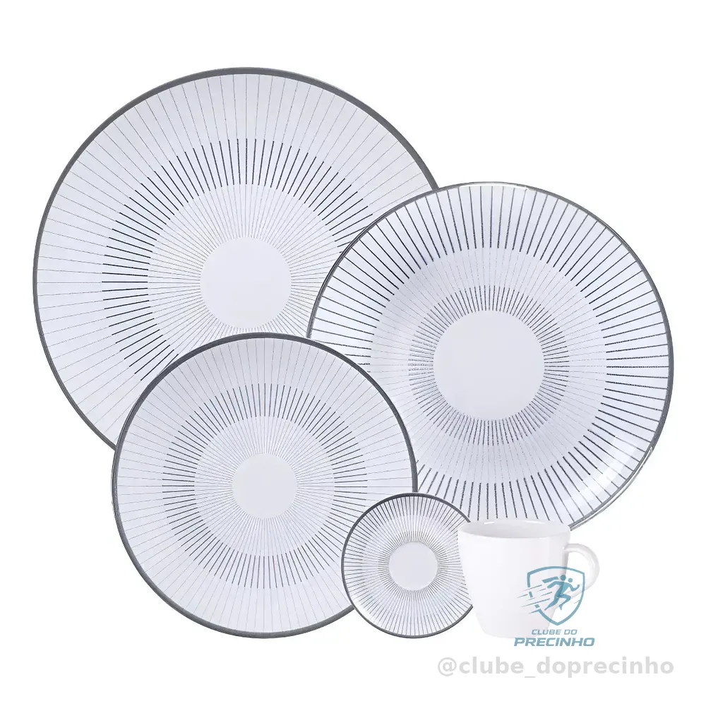Aparelho De Jantar Tramontina Griz Porcelana Decorada 20 Peças Branco Com Cinza Liso