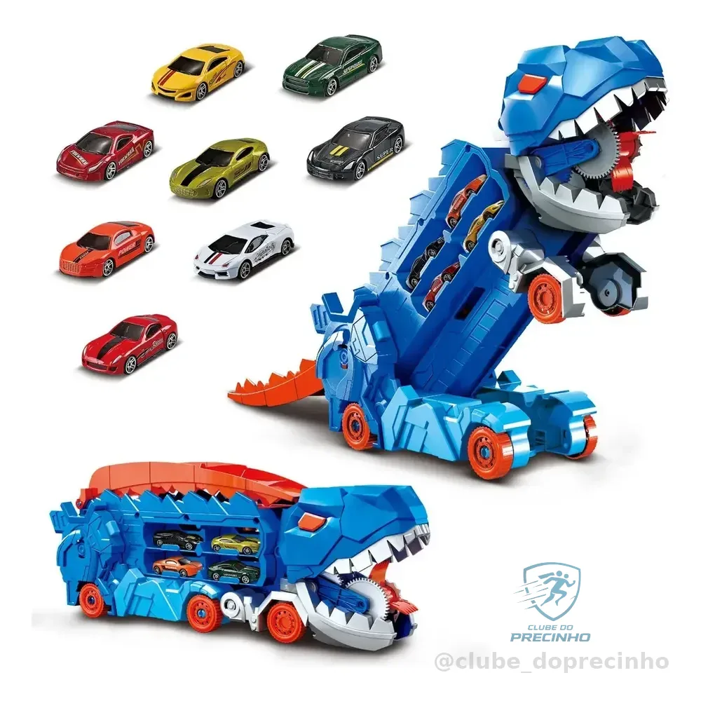 Caminhão Dinossauro Pista Com Carrinhos Maleta Transporte Cor Azul