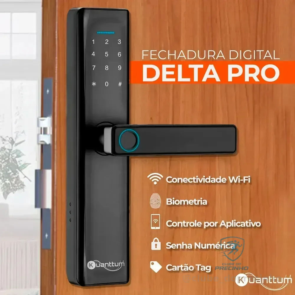 Fechadura Digital Kuanttum Delta Pro Wi-fi Para Porta De Madeira Com Biometria E Senha Preto