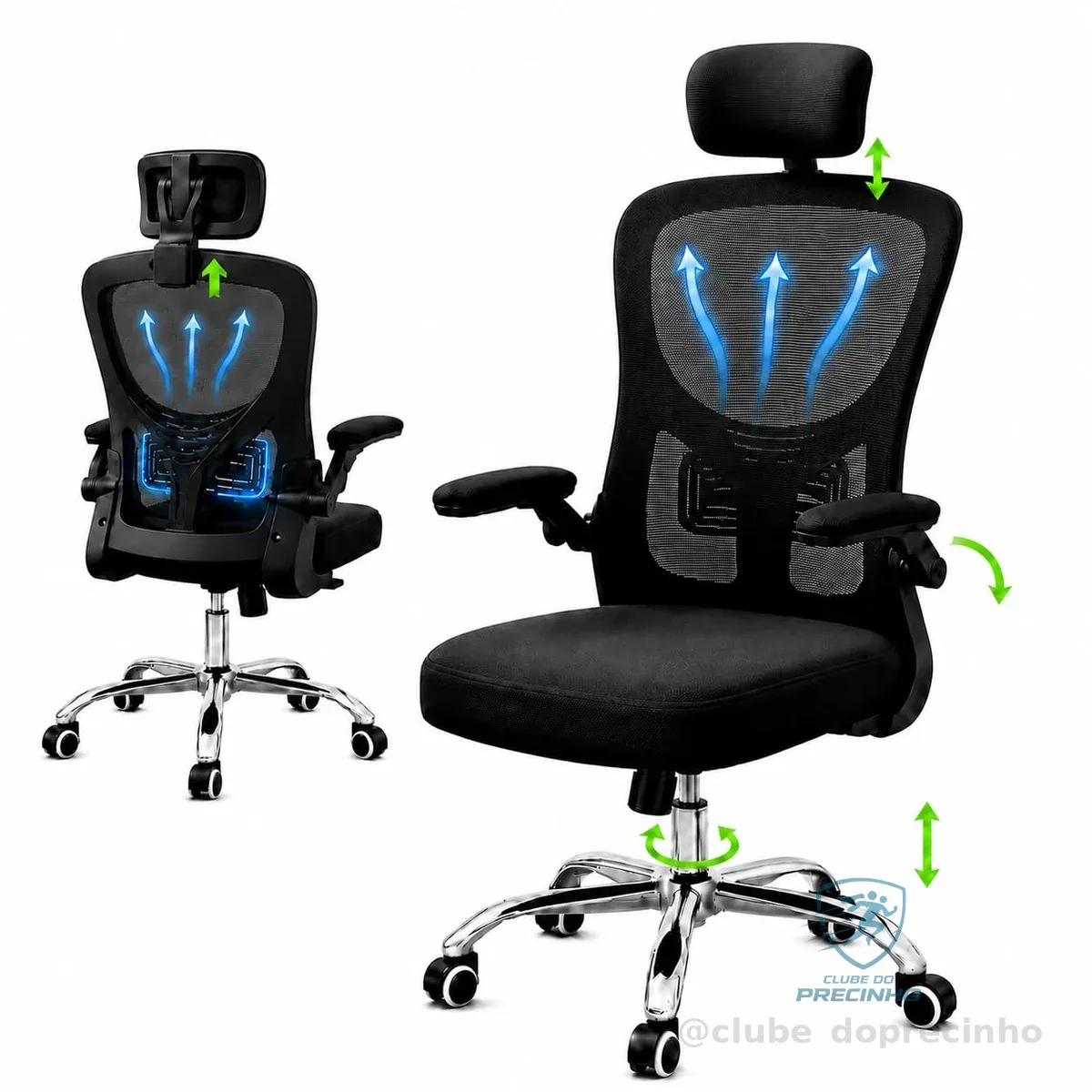 Cadeira de Escritório Ergonômica Premium NR17 Preta Giratória Reclinável 145 Graus com Suporte Lombar Encosto Mesh Respirável Cadeira Gamer Regulagem de Altura e Braços Suporta até 120kg