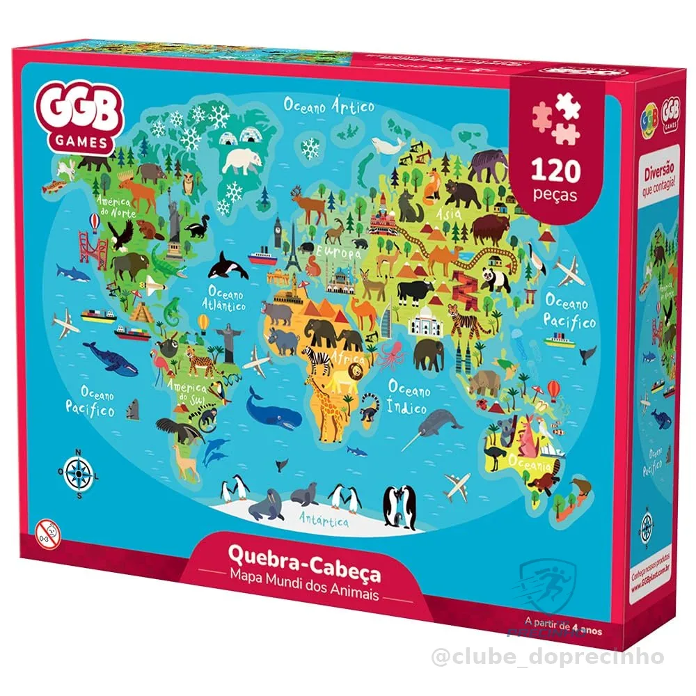 GGB Plast Quebra Cabeça Mapa Mundi dos Animais 120 Peças