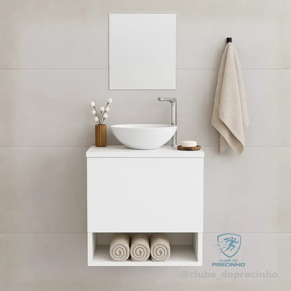 Gabinete Para Banheiro 40cm Com Cuba E Espelho Armário Suspenso Lavabo Completo Branco Um Furo