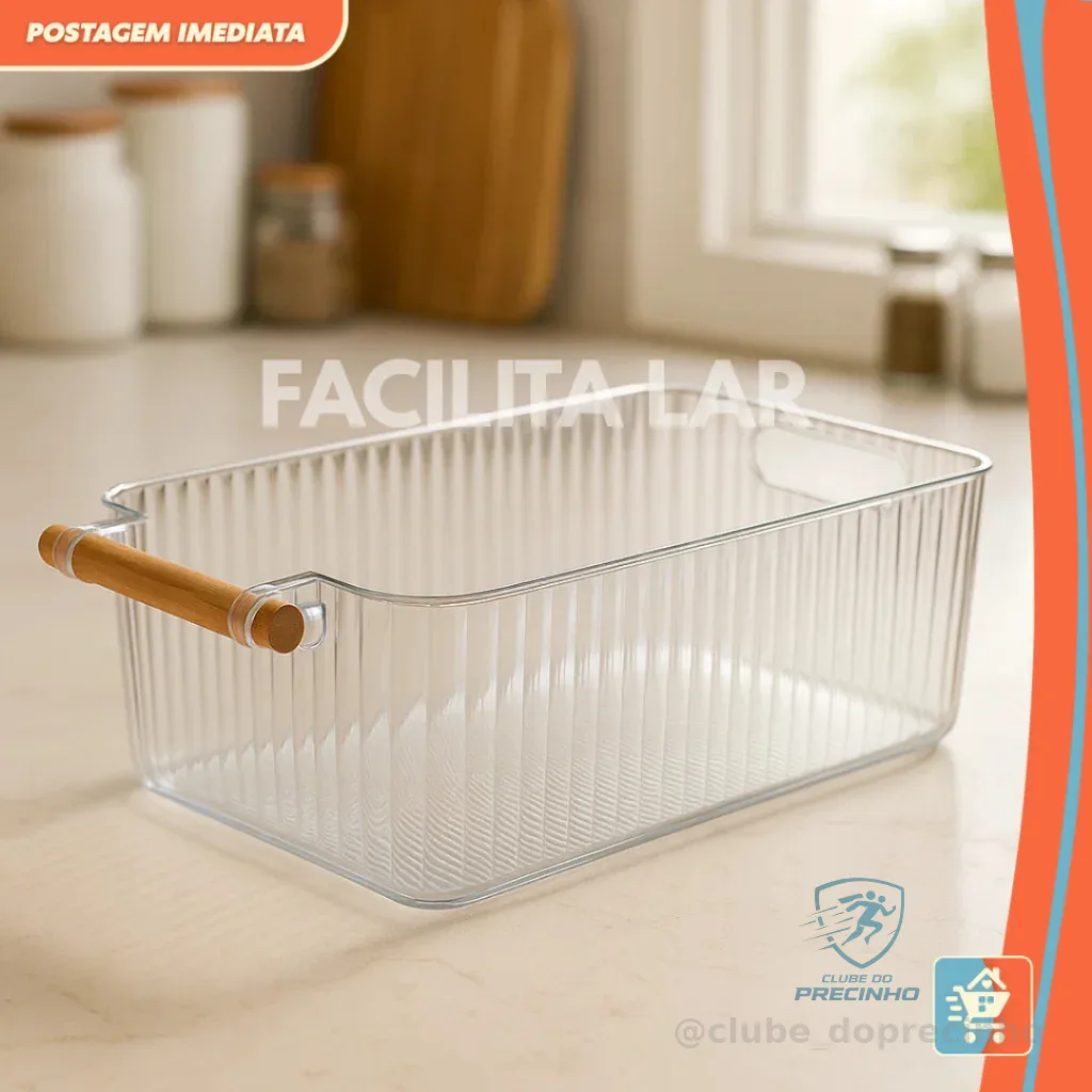Cesto Organizador de Acrílico Transparente com Alça de Bambu – Cozinha, Banheiro e Escritório