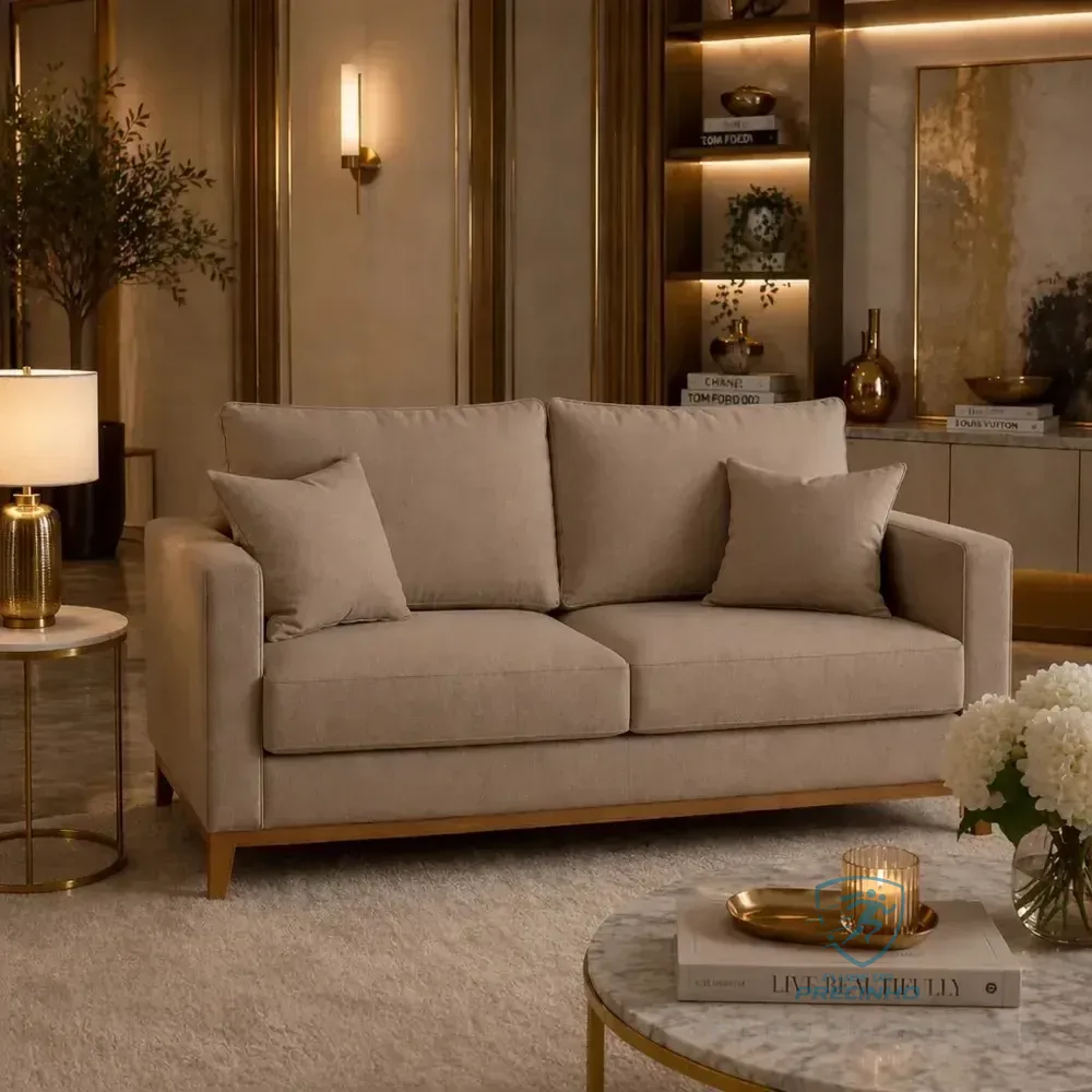 Sofá 1,40 Beny Living Linho Bege 2 Lugares Luxo Sala De Estar Recepção Clínica Escritório Acompanha 2 Almofadas Decorativas Mz Móveis Liso