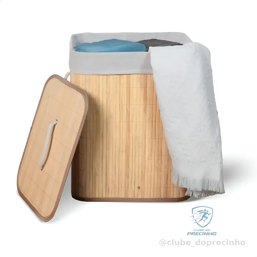 Cesto De Roupa Suja De Bambu Com Tampa E Alças 50 Litros Kontuz Natural