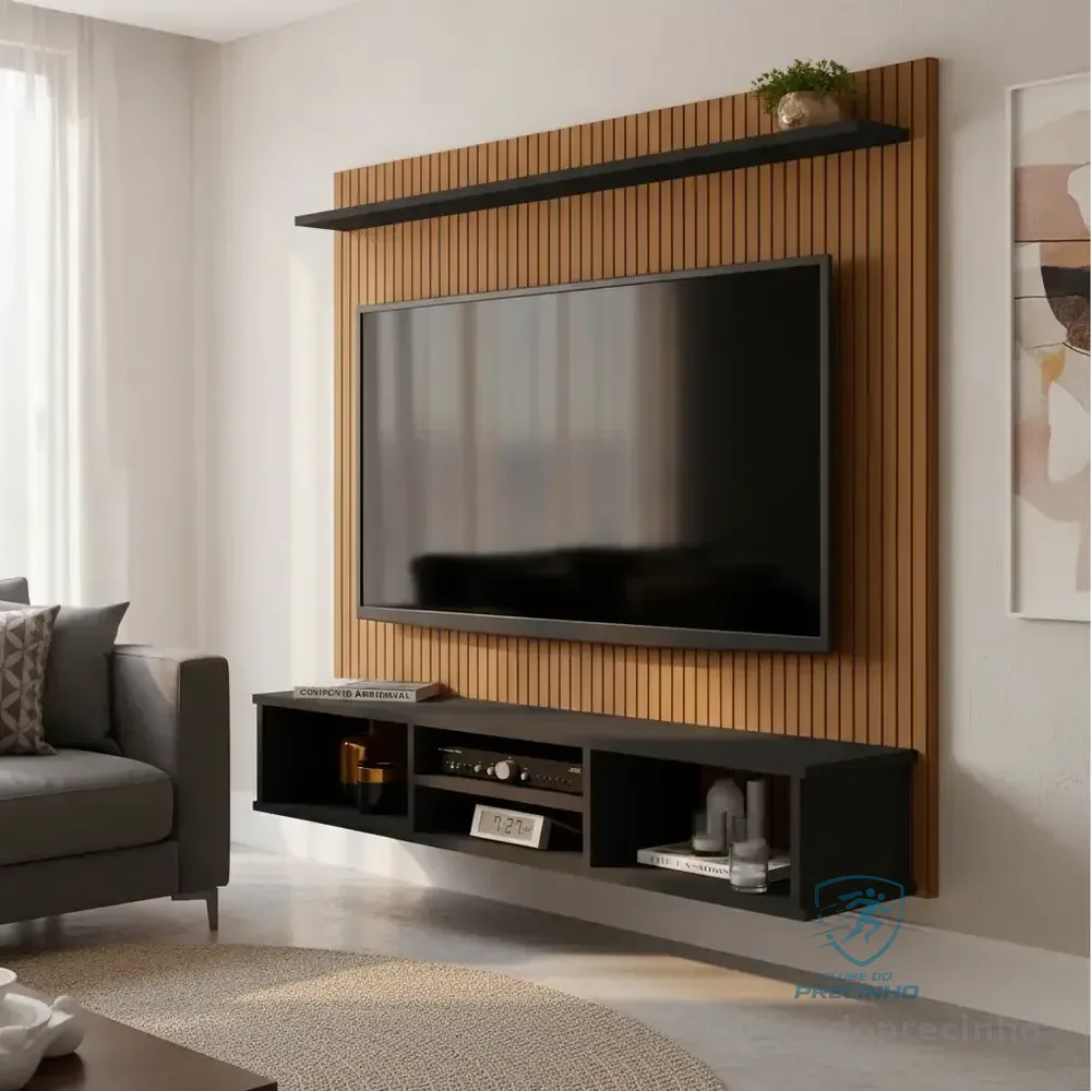 Painel Tv Ripado Preto 3d Com Nichos E Prateleira 50 Polegadas