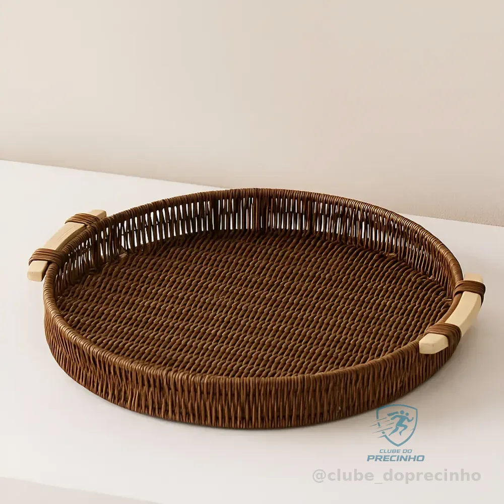 Bandeja Redonda De Rattan Wl Center Marrom-escuro 30cm Para Café