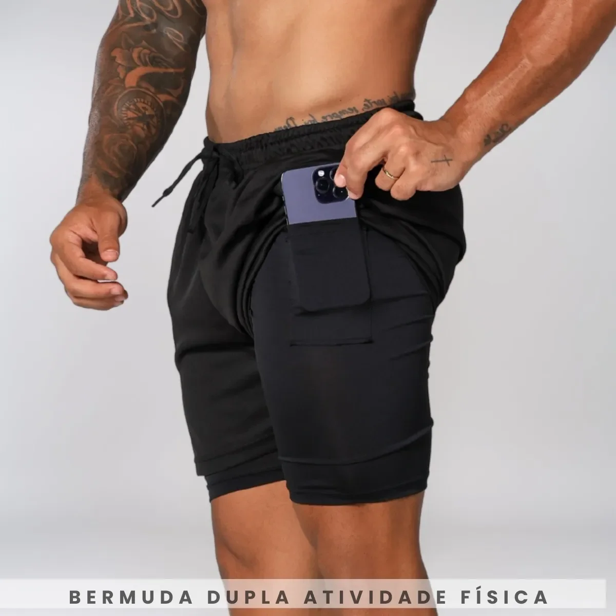 Bermuda Dupla Masculina Compreensão 2 Em 1 Short Esporte