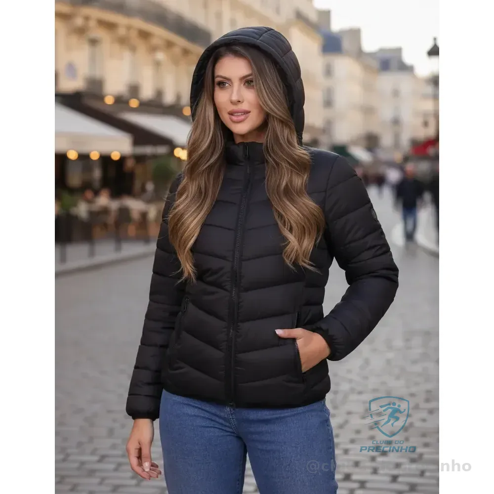 Jaqueta Feminina Puffer Capuz Removível Bobojaco Impermeável Preto G3 (50)