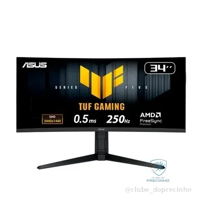 Monitor Gamer Curvo ASUS TUF 34"", WQHD, 250Hz, 0.5ms, Fast VA, FreeSync Premium, Altura Ajustável, Som Integrado, Preto - VG34WQML5A