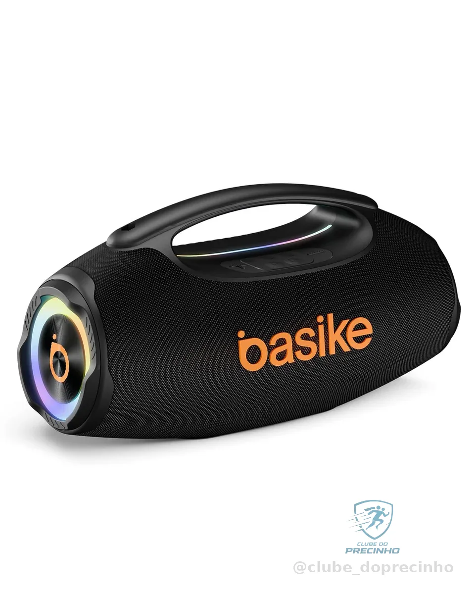Basike Caixa de Som Bluetooth Portátil 80W RMS (Pico 120W), TWS Estéreo, Modos EQ, Luzes RGB, IPX6 Resistente à Água, Bateria 8000mAh, para Home Theater, Festa e Uso Externo – Preto