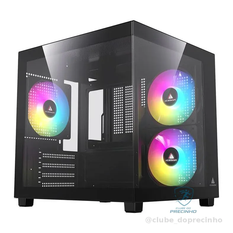 Gabinete Gamer Aquário Acegeek Ori Rainbow Mini-Tower Lateral e Vidro Com 3 Fans Preto, AG-ORI-BK-3F