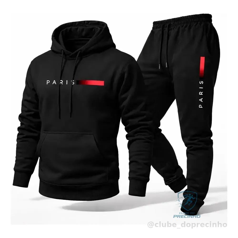 Conjunto Moletom Calça Unissex Paris Canguru Casaco Frio M Preto