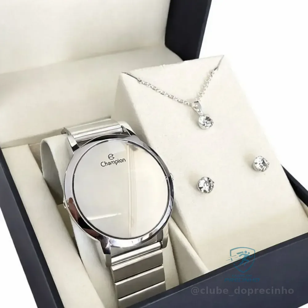 Kit Relógio Feminino Champion Digial Led Espelhado Prata Prateado Pulseira Em Aço Inoxidável + Colar E Brincos Arisca Branco