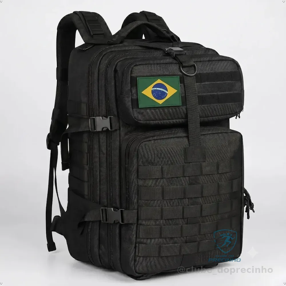 Mochila Tática Militar 50l Masculina Reforçada Impermeável Viagem Camping Pesca Com Patch Bandeira Brasil Bagear Preto Liso