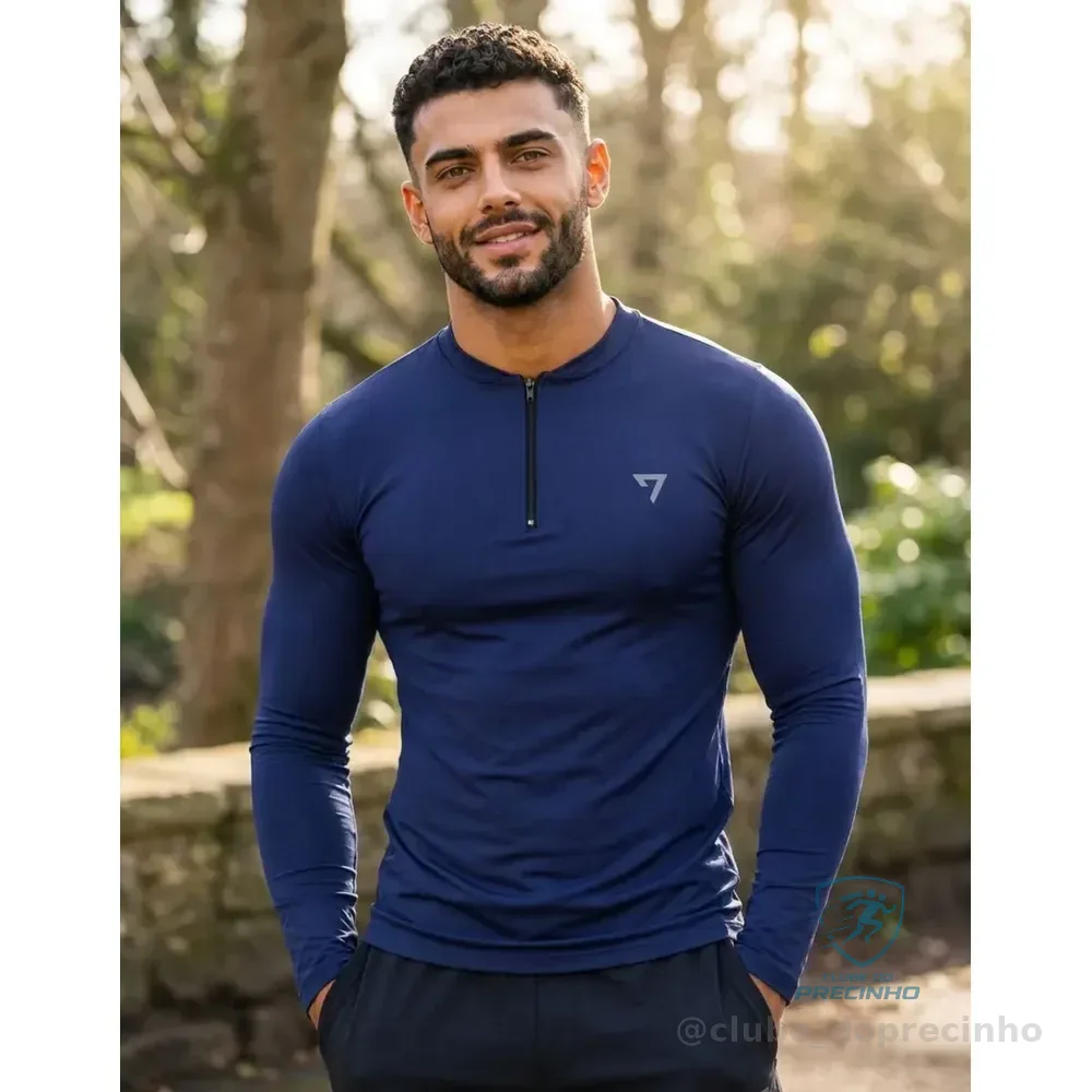 Camisa Térmica Masculina Segunda Pele Manga Longa Com Zíper Azul-marinho Gg