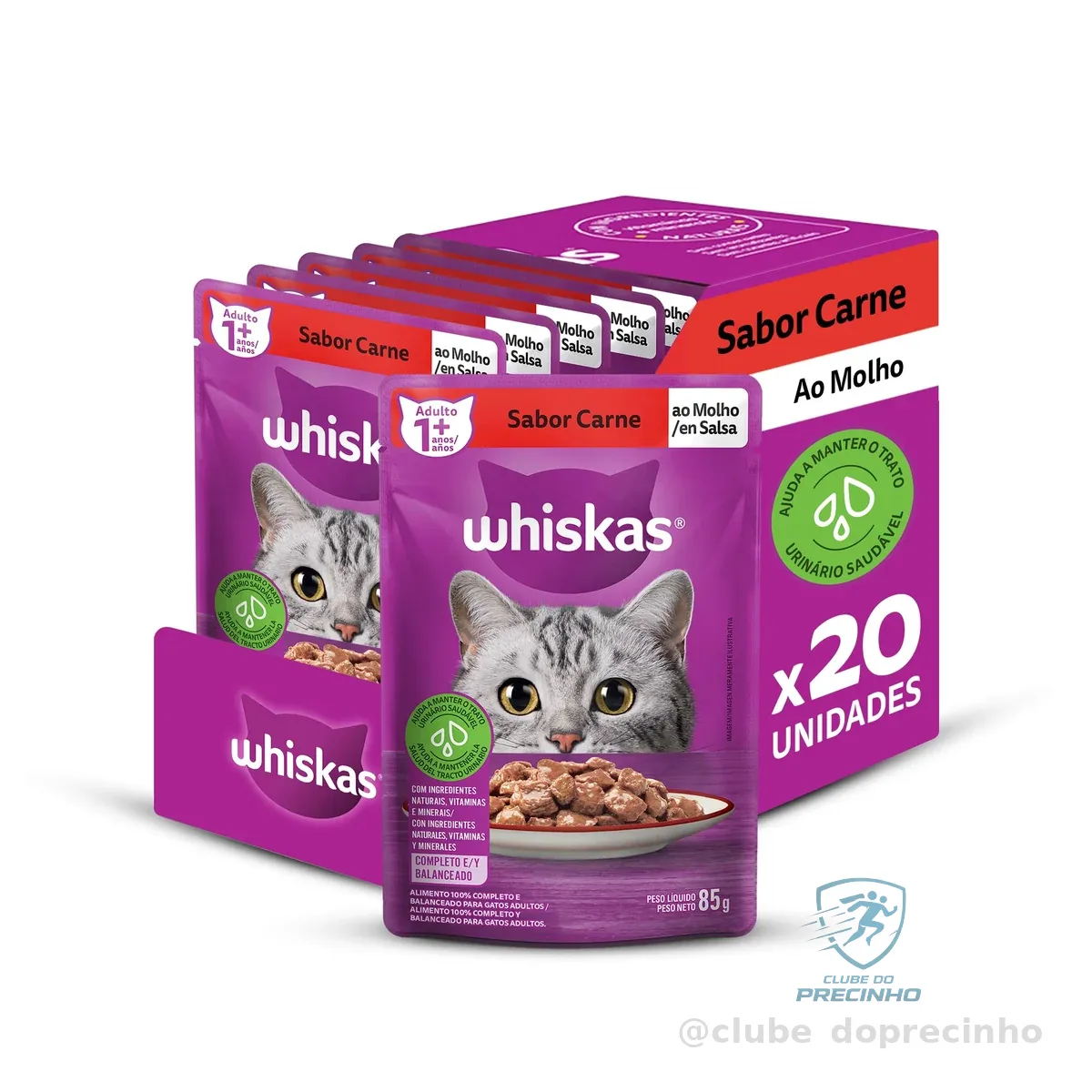 Pack Ração Úmida Whiskas Sachê Carne ao Molho para Gatos Adultos 85 g - 20 unidades