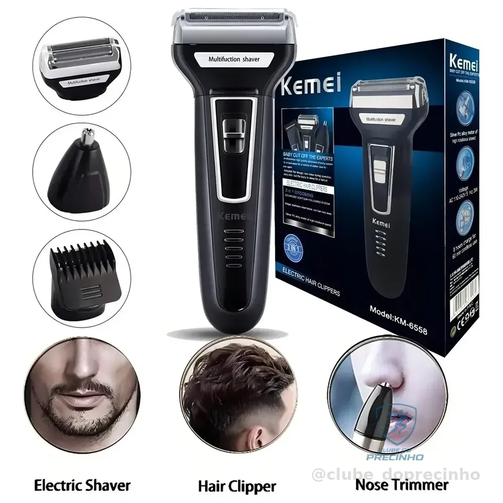 Barbeador Aparador Cortador Kemei 3 Em 1 Km-6558 Recarregável Preto 127/220v