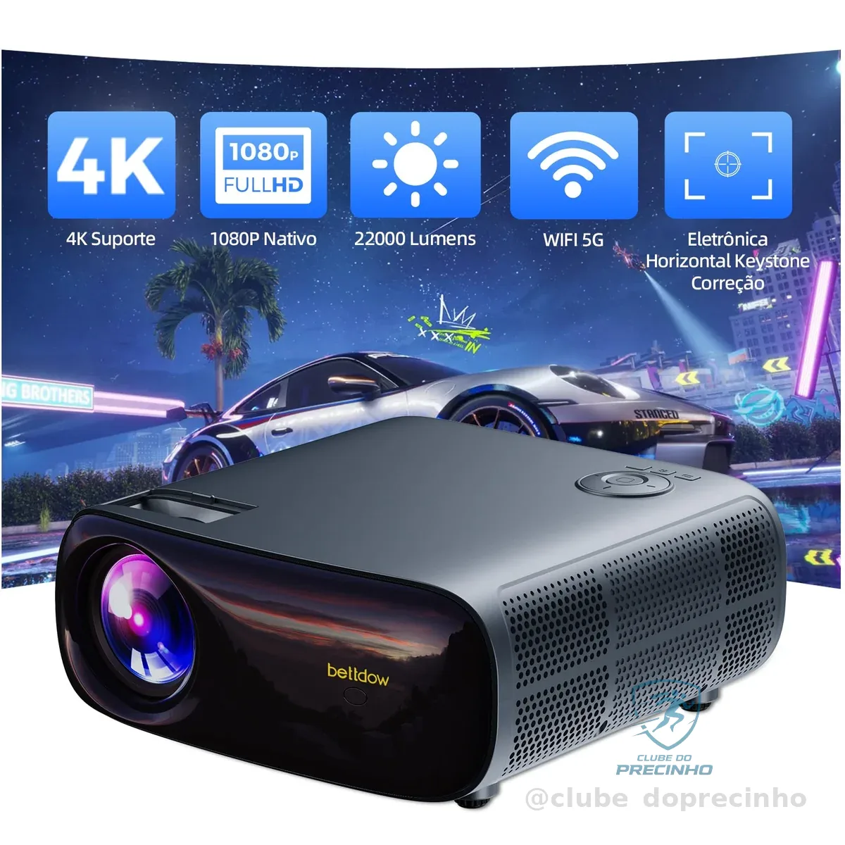 Bettdow Projetor 4k 22000 Lumens Full Hd 1080p Compatível Com Android 9, Smart Projetores Retroprojetor Portatil 650 ANSI WiFi 2.4G+5G BT 5.1, Eletronico Correção Trapezoidal, Foco manual