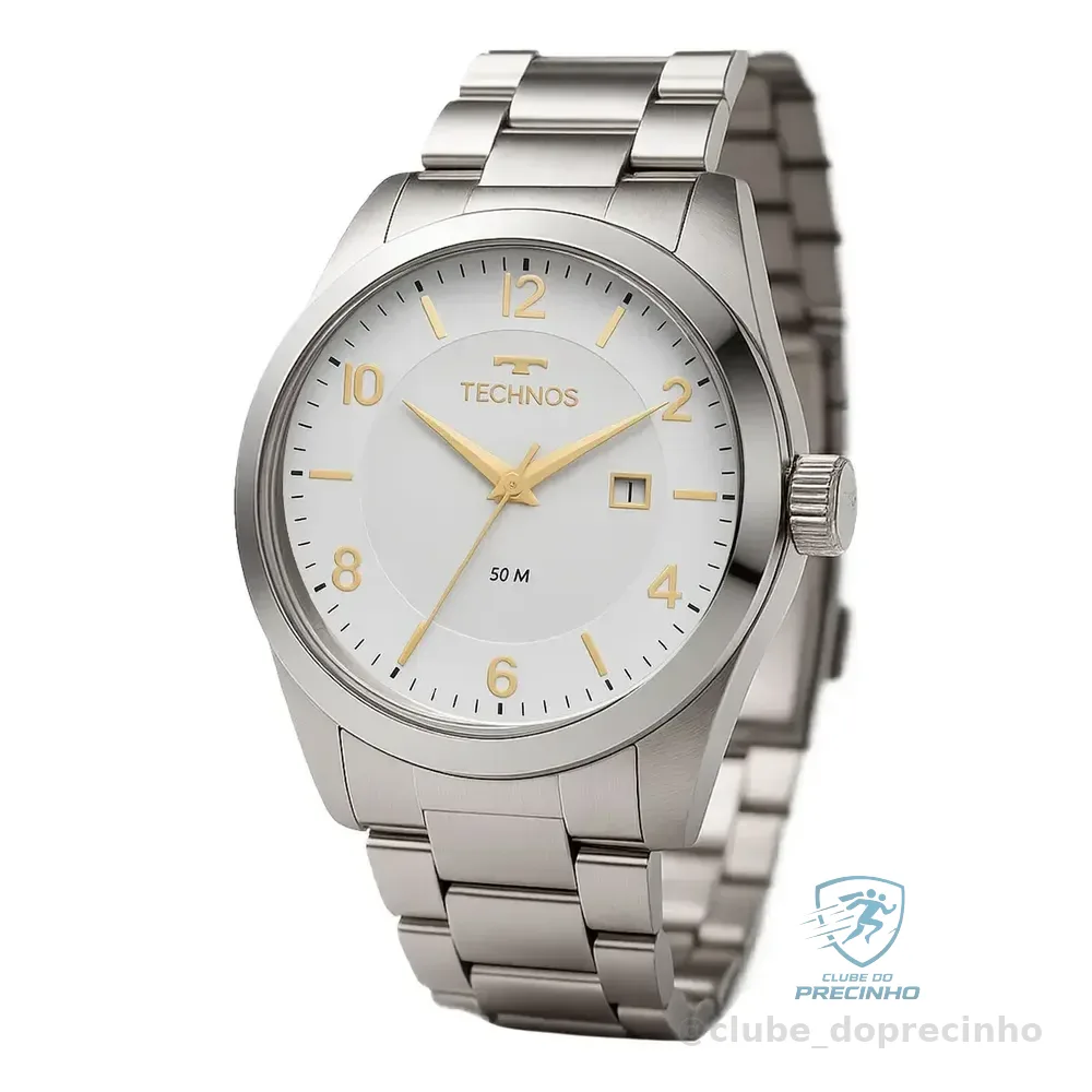 Relógio Technos Masculino Steel Prata Quartz Aço Inox Com Calendário Prateado Branco