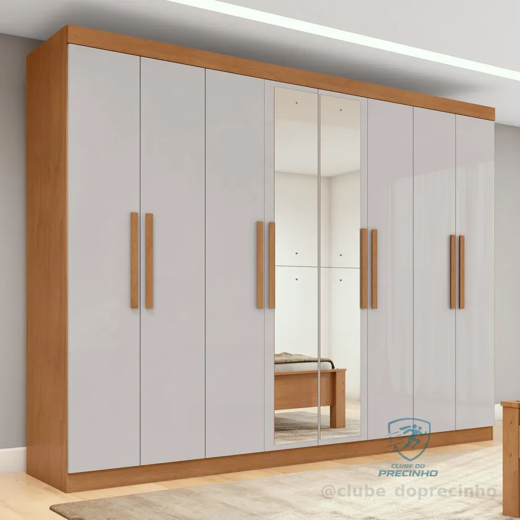 Guarda-roupa Casal Easy Slim 8 Portas Com Espelho Amendoa Clean/Off White