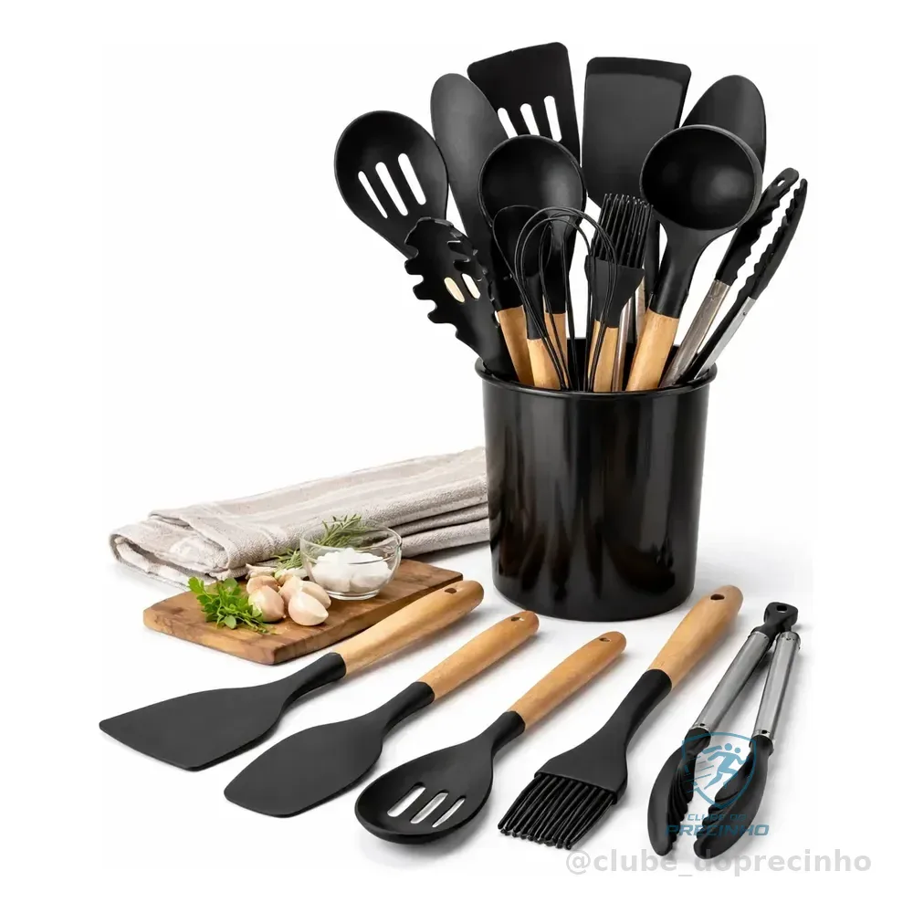 Kit Com 12 Utensílios De Cozinha Silicone Cabo De Madeira Preto