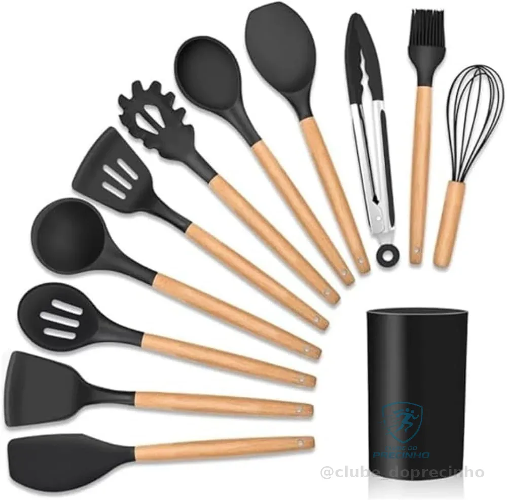 Conjunto Utensílios Cozinha em Silicone Kit 12 Peças Compacto Leve Premium Antiaderente Espátula Colher Concha Design Duráveis Confeitar Organizar Cozinhar Resistentes Altas Temperaturas Na Cor Preto