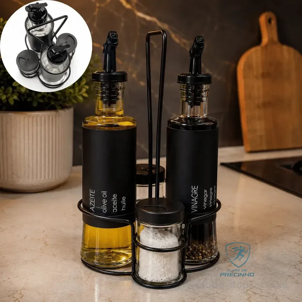 Kit 5 Peças Galheteiro Vidro C/ Dosador E Porta Condimentos