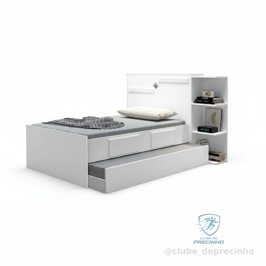 Bicama Solteiro com Baú, 2 Gavetas e Cama Auxiliar Iris Branco