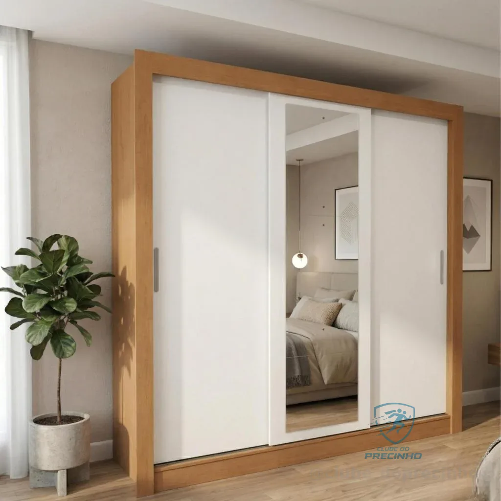 Guarda Roupa Casal 3 Pts com Espelho Atlas Amêndoa/Branco/Amêndoa