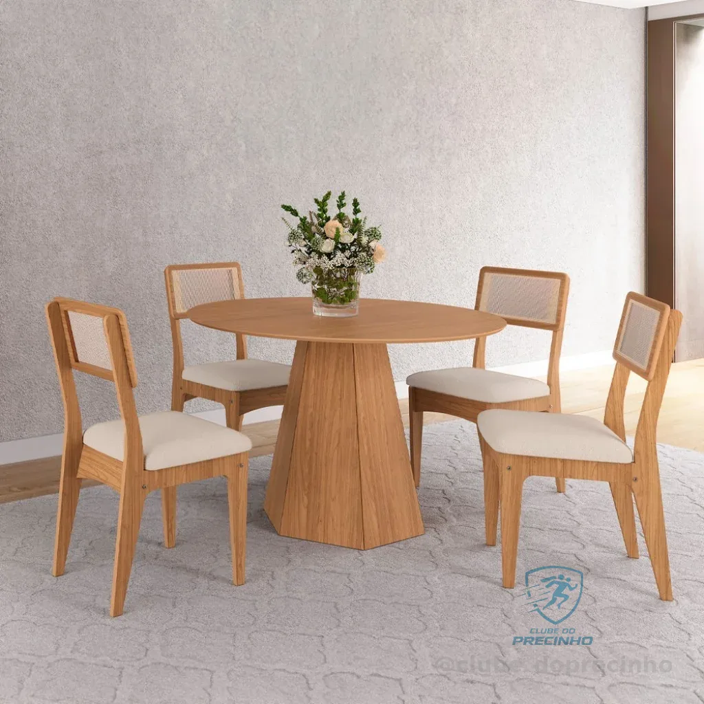 Conjunto Sala de Jantar Mesa Lisboa Hexagonal com 4 Cadeiras Palha Sintética 100% MDF