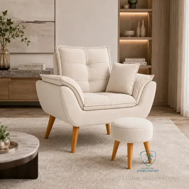 Kit Poltrona Opala E Puff Redondo Suede Com Almofada Aninha