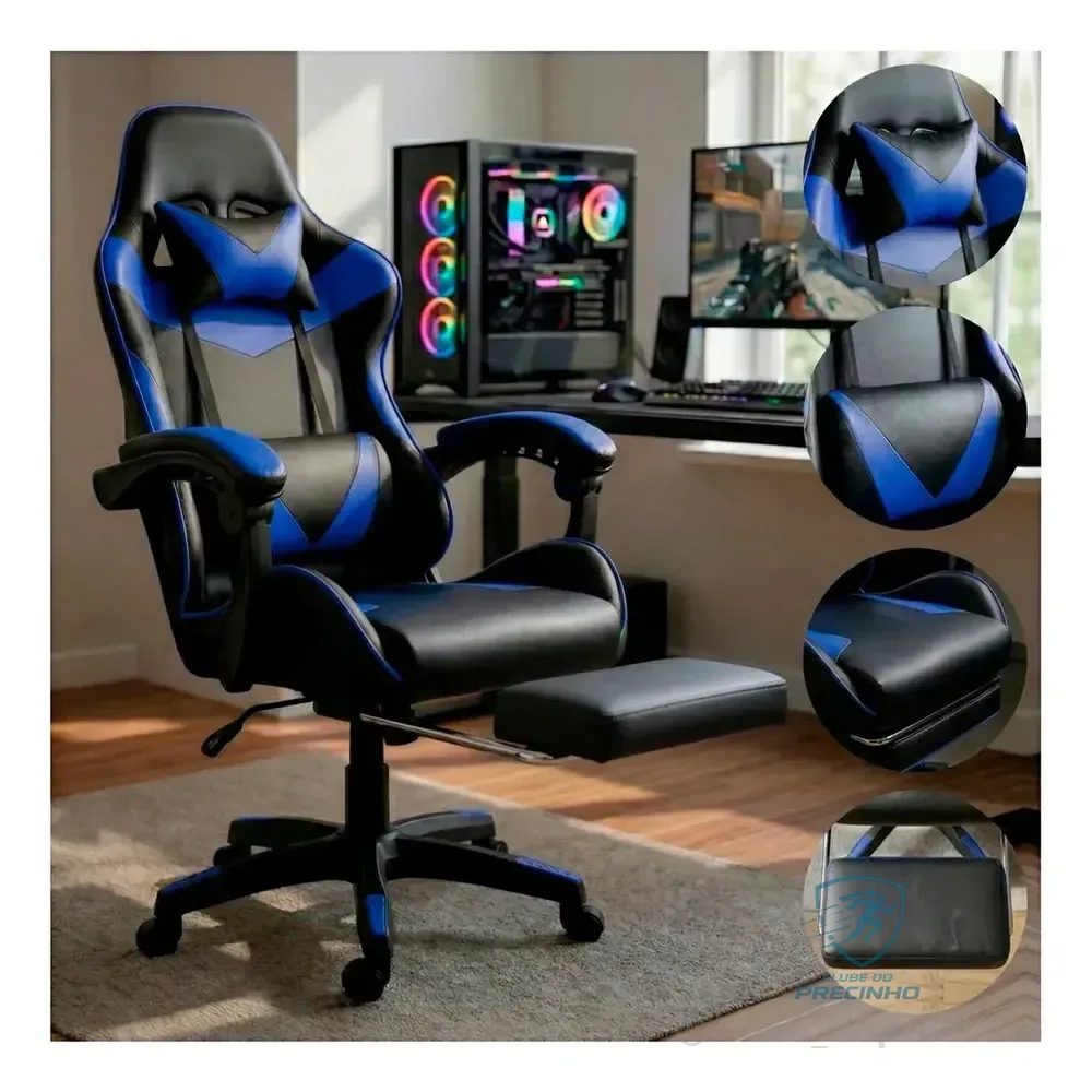 Cadeira Escritório Gamer Ergonômica Reclinável Com Apoio Dos Pés Em Couro Azul Led Tools Couro Sintético