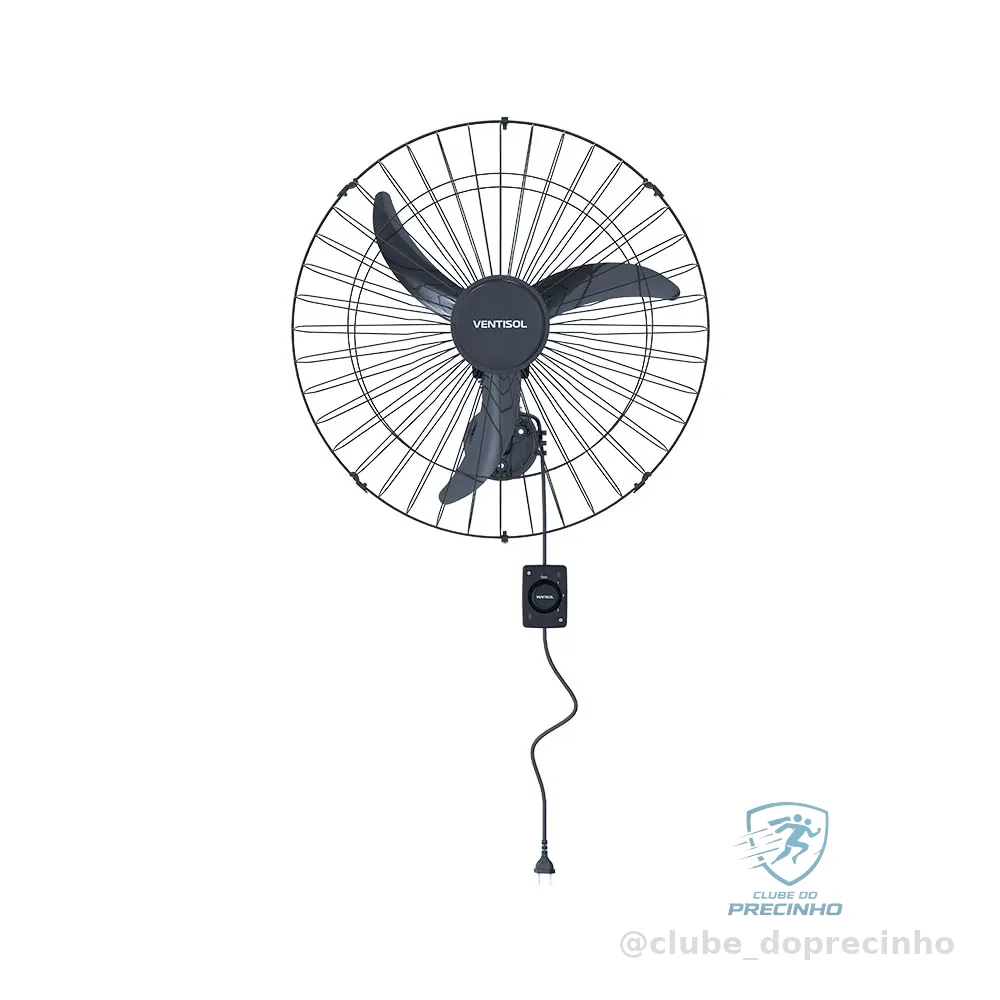 Ventisol Ventilador de Parede Oscilante, 3 Pás Premium, Preto, 60cm, Bivolt