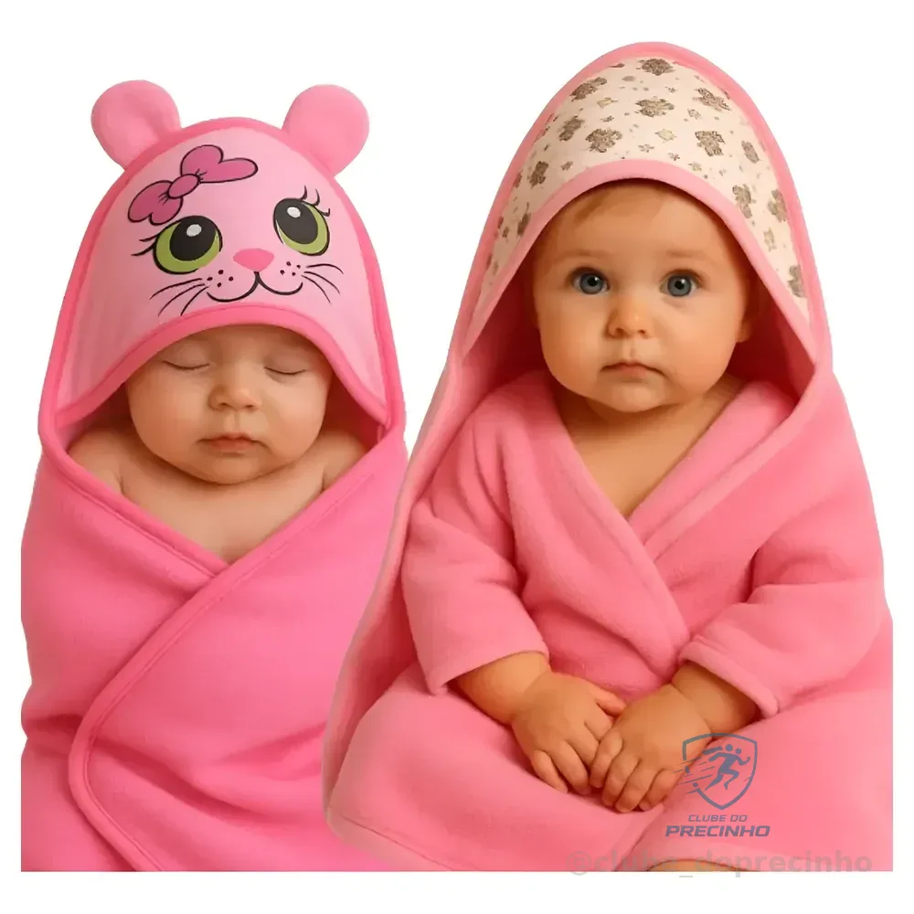 Kit 2 Toalhas De Banho Bebê Com Capuz E Orelhinha Infantil Rosa