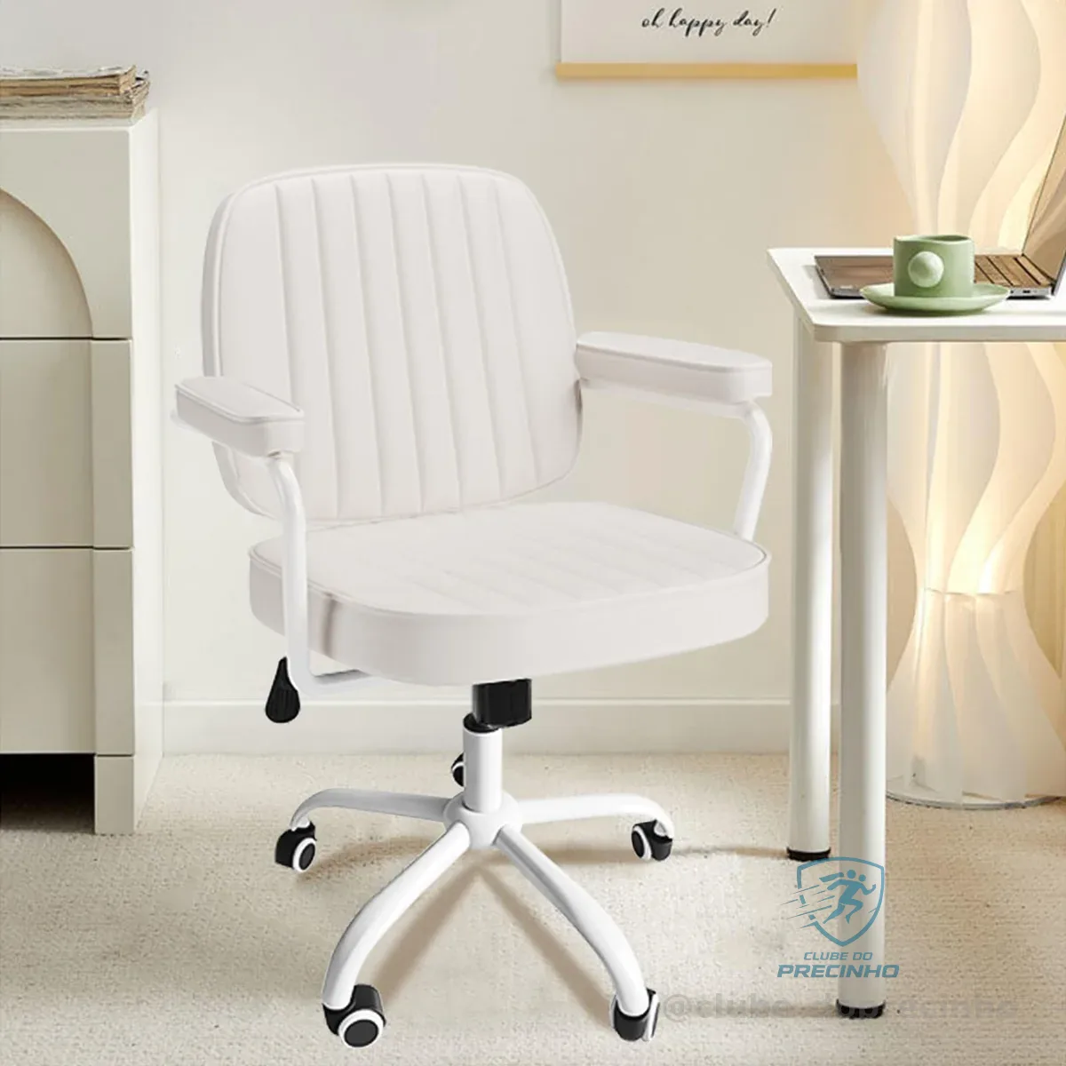 Cadeira de Descanso Ajustável com Apoio de Braços, Assento Confortável, Base Giratória com Rodas FU, Disponível em 6 Cores (Branco)